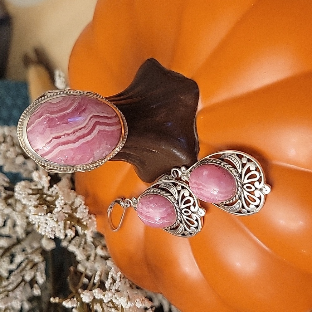 Estate BBJ Pink rhodonite 925 Ring & Earing set